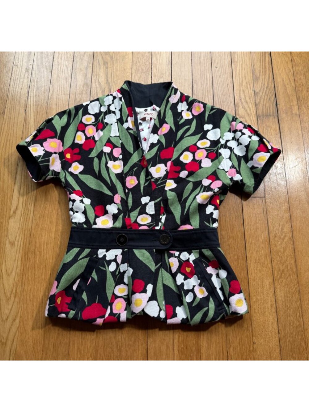 Kenzo Size M Floral Linen Blend Short Sleeve Blazer Jacket with Black Belt - Picture 14 of 16